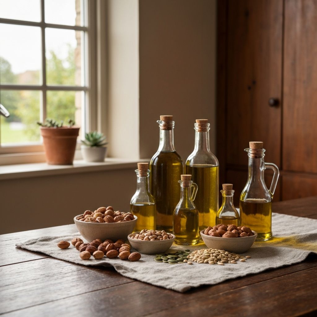 Healthy fat sources including nuts, seeds, and oils