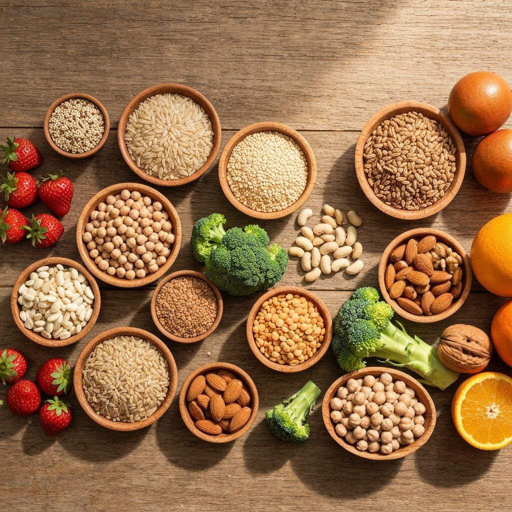 Array of macronutrient sources on wooden surface